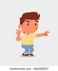 Surprised cartoon character of  little boy on jeans points to something