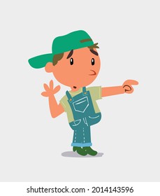 Surprised cartoon character of  little boy on jeans points to something to his side
