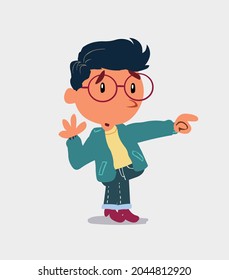 Surprised cartoon character of  little boy on jeans points to something to his side