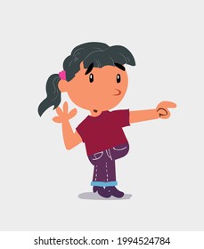 Surprised cartoon character of  little girl on jeans points to something to his side