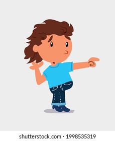 Surprised cartoon character of  little girl on jeans points to something to his side
