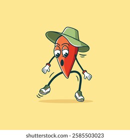 A surprised cartoon chili pepper, wearing a hat and sneakers, takes a step forward.