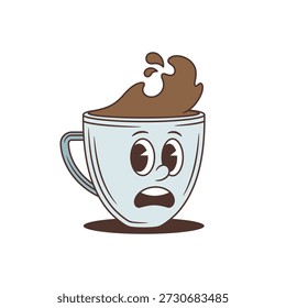 Un personaje sorprendido de la taza de café de la historieta con una expresión sorprendida y la boca abierta. Mascota perfecta para una marca de café. Ilustración vectorial retro clásica de bebidas calientes. Un arte de estilo de garabato cómico juguetón