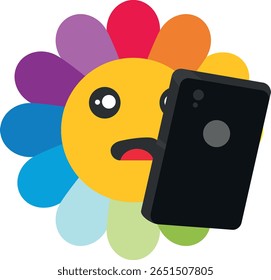 Surprised cartoon flower with multicolored petals holding a smartphone, expressive yellow face at the center; conveys whimsical emotion, selfie culture, and playful visual storytelling.