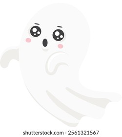 Surprised cartoon ghost floating in mid air, featuring big eyes and an open mouth, creating a simple yet adorable illustration perfect for Halloween themed projects against a white background