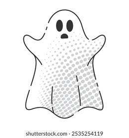 Surprised cartoon ghost with halftone pattern raising arms, Vector