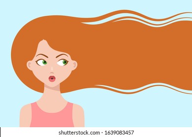 Surprised cartoon girl with long ginger hair, looking at copy space, thinking about hair care or trendy hairstyle. Healthy hair concept. Design for beauty or hairdressing salons and fashion industry