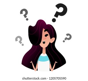 Surprised cartoon teenager. The girl is surprised and asks questions. Isolated illustration