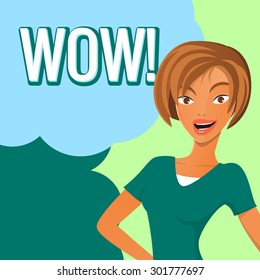 Surprised cartoon woman illustration with wow sign. Abstract illustration