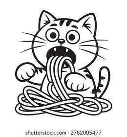 Surprised cat enthusiastically eating spaghetti noodles, funny food cartoon. Vector illustration, isolated on white.