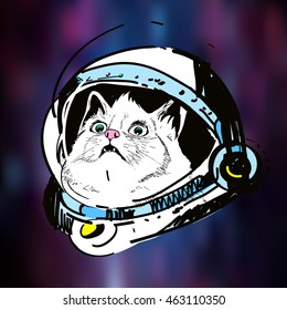 surprised cat in outer helmet in space, art, sketch, illustration, print on t-shirt,cosmic background, tattoo. vector illustration 