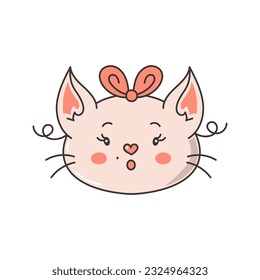 Surprised cat portrait with bow. Female cat face in cartoon style. Pet vector illustration. Animal head with open mouth, mole and curls hair.