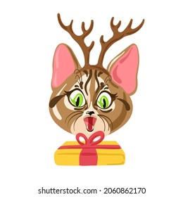 Surprised cat with present. Christmas card concept. Funny Christmas pet. Vector illustration. 