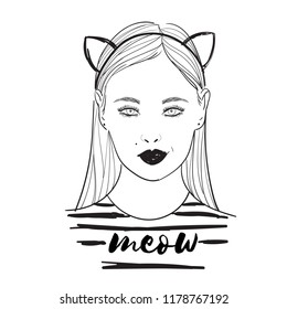 Surprised cat-girl thinks about something. t-shirt with an inscription: Meow. Vector illustration of pop art comic style. Party invitation. Birthday greeting card. Advertising poster.