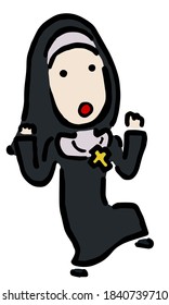 Nun católico Sorprendido : Ilustración vectorial dibujada a mano como impresión en bloques de madera
