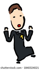 Surprised Catholic Priest : Hand drawn vector illustration like woodblock print