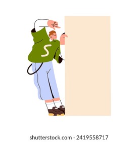 Surprised character showing blank paper, pointing with finger at vertical advertisement banner. Amazed excited young man advertising something. Flat vector illustration isolated on white background