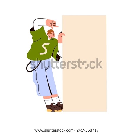 Surprised character showing blank paper, pointing with finger at vertical advertisement banner. Amazed excited young man advertising something. Flat vector illustration isolated on white background