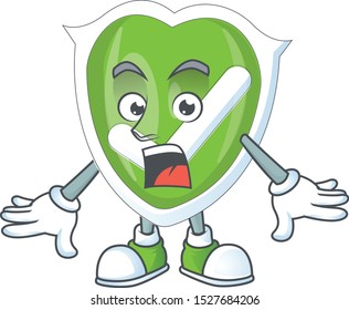Surprised checkmark shield with cartoon character shape.