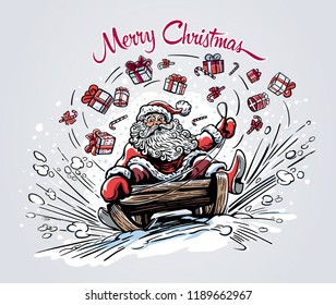 Surprised and cheerful Santa Claus, rides the mountain on a sleigh, losing on the way Christmas gifts and sweets. Christmas card.