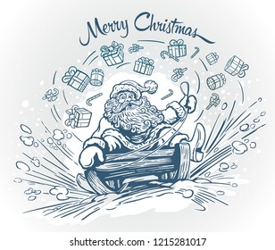 Surprised and cheerful Santa Claus, rides the mountain on a sleigh, losing on the way Christmas gifts and sweets. 