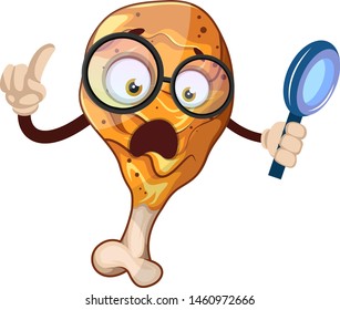 Surprised chicken leg as a scientist holding magnifying glass, illustration, vector on white background.