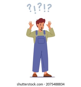 Surprised Child with Big Question and Exclamation Marks over Head. Thinking Process, Curious Kid Asking Questions, Character Ask, Searching Answers and Problem Solution. Cartoon Vector Illustration
