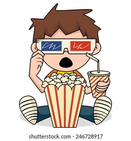 Surprised child watching 3d movie, vector illustration