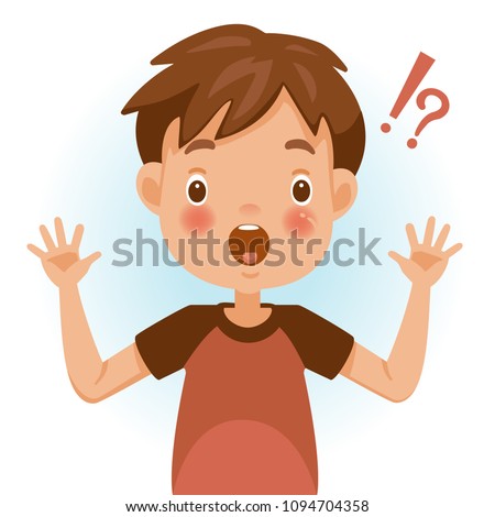 Surprised children. Boy mark shocked, question mark and exclamation. Acting and feeling of a person's face. Vector illustrations isolated on white background.