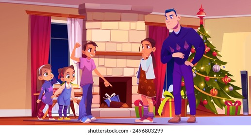 Surprised children and man in living room interior with decorated Christmas tree and gift boxes, fireplace and table. Cartoon vector r xmas holiday family party with teens and kids.