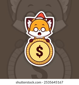 Surprised Christmas Fox Holding Coin or Money Icon, Vector Sticker Design