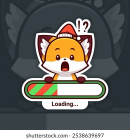 Surprised Christmas Fox Holding Loading Bar, Cute Vector Sticker Design, holidays are coming soon
