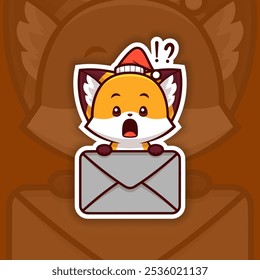 Surprised Christmas Fox Holding Mail Icon, Vector Sticker Design