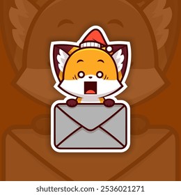 Surprised Christmas Fox Holding Mail Icon, Vector Sticker Design