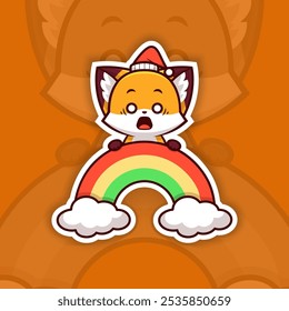 Surprised Christmas Fox Holding Rainbow Icon, Vector Sticker Design