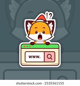 Surprised Christmas Fox Holding a Web Search Icon Sticker Design Vector