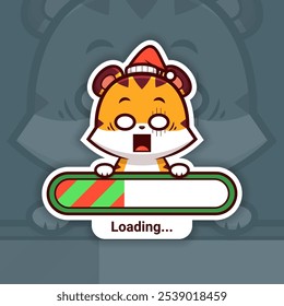 Surprised Christmas Tiger Holding a Loading Bar, Cute Vector Sticker Design
