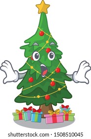 Surprised christmas tree next to cartoon table