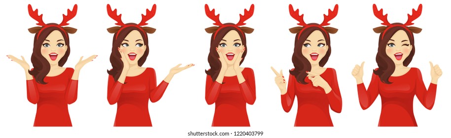 Surprised christmas woman in reindeer headband vector illustration