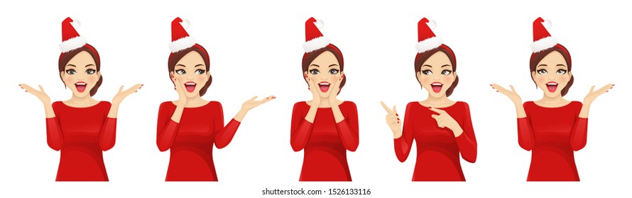 Surprised christmas woman in santa hat headband vector illustration isolated