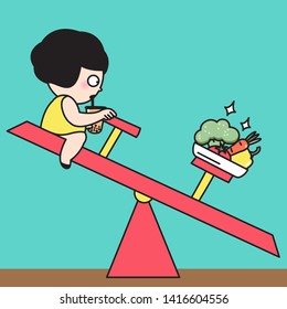 Surprised Chubby Overweight Girl Drinking A Cup Of Bubble Milk Tea And A Healthier And Stronger Plate Of Vegetable On Balance Seesaw. Concept Of Weight Watcher Card Character illustration