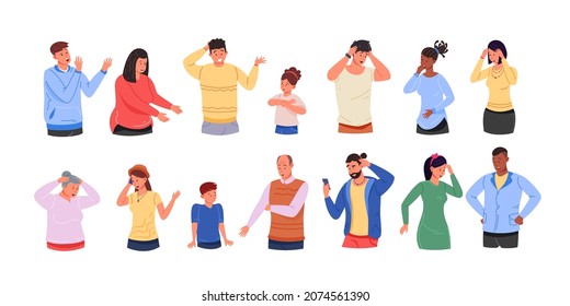 Surprised confused people. Scared worry woman, amazed face person, doubt reaction, startled scream shock gesture hand, young man good excited astonishment, garish vector illustration, people emotion