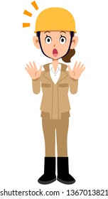 Surprised construction site worker woman beige work clothes