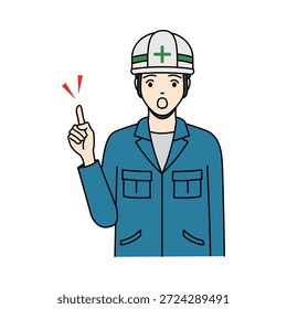 Sorprendido trabajador de la construcción en casco apuntando hacia arriba con ojos grandes