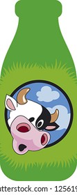 Surprised cow head on the green bottle. Funny cartoon.