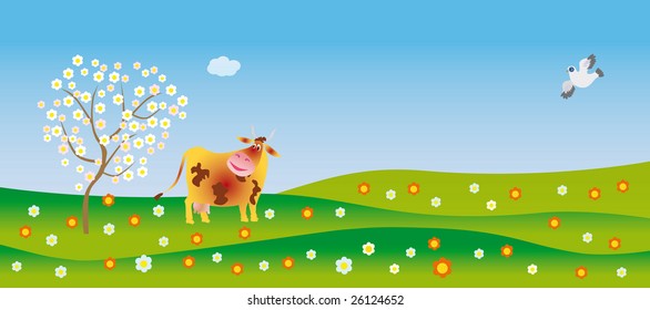 The surprised cow looks at a flowering apple-tree