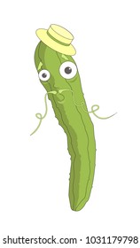 'Surprised cucumber" - stylized vector illustration of a cute old cucumber with long mustashe wearing retro hat. Cartoon style. Isolated on white background.