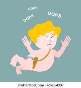 Surprised cupid says OOPS. Amur perplexed. Surprised angel. Illustration for Valentines Day