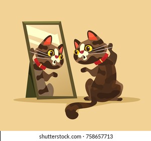 Surprised curious cat character looking at mirror. Vector cartoon illustration