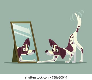 Sorprendido personaje de perro curioso mirando al espejo. Ilustración de dibujos animados